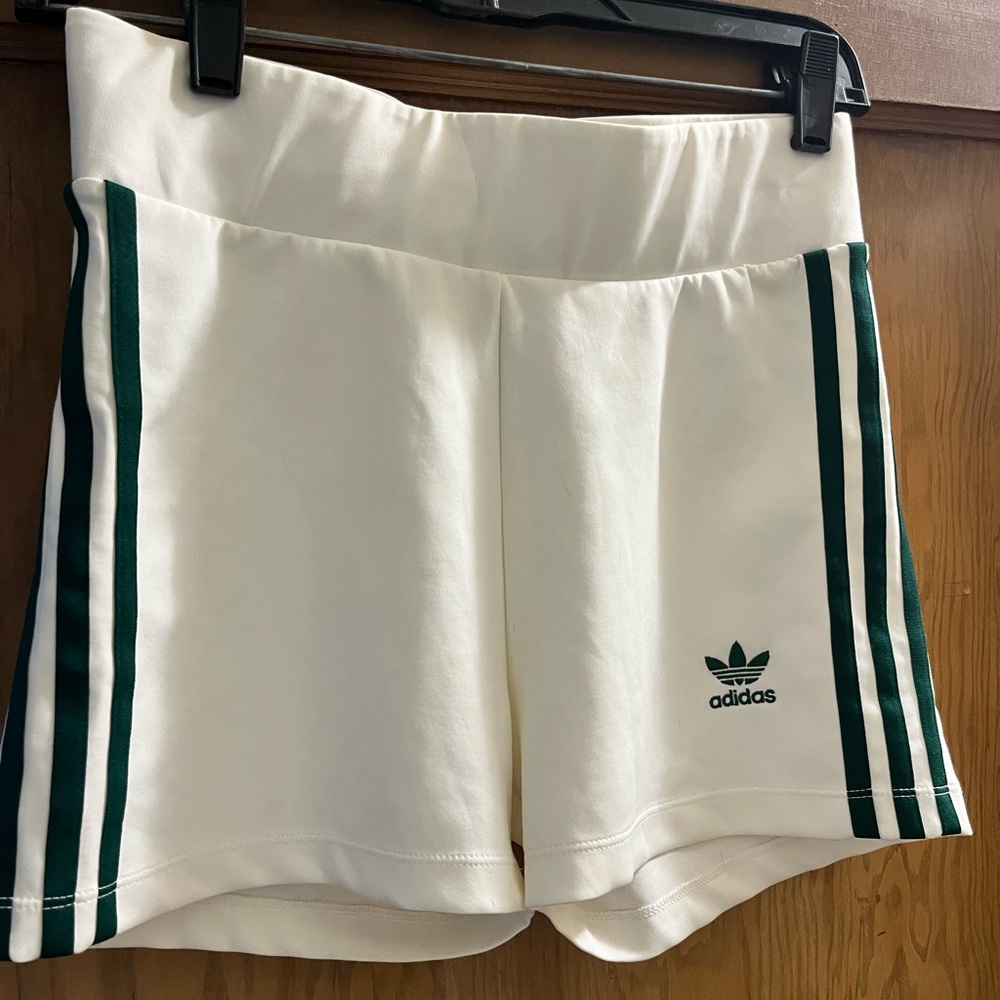 Adidas Women's White Shorts with Green Stripes